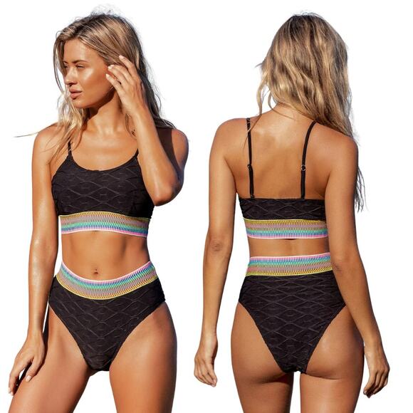 Cupshe Women's Rainbow Trim Textured Scoop Top & High Waist Bikini Set M - Picture 1 of 8